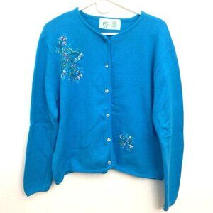 Daffy-Dills Cardigan Sweater Sz M Blue w/ Hand Painted Flowers Rhinestone Button